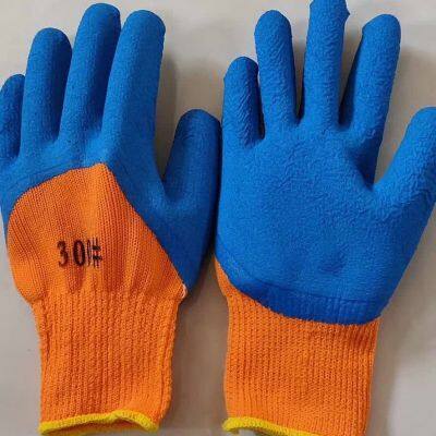 thicked orange polyester 7 gauge knitted blue foamed latex palm and fingers coated safety work gloves