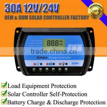 30A 12V/24V solar charger charge regulator with LCD and USB
