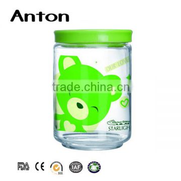 Colored cute green round glass food storage jar with ruber cap