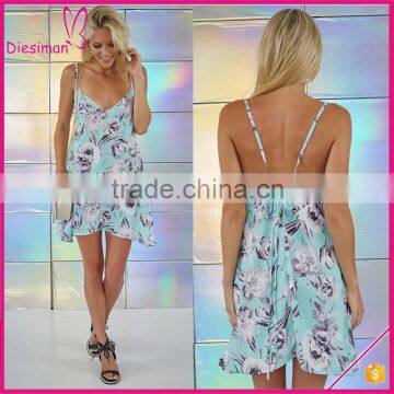 Mint and grey floral print flowing V neck women summer one piece dress casual summer dress 2016