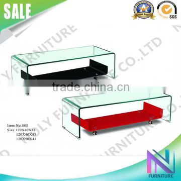 high quality CT-069 bent tempered glass coffee table with wheels