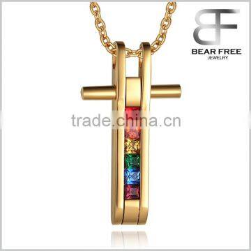 Pride Rainbow 316L Stainless Steel Equality Cross Pendant Necklace for LGBT Gay Les