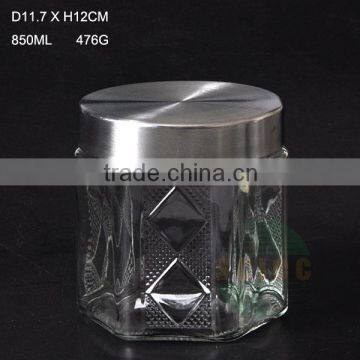 Transparent glass storage jar with mental lid