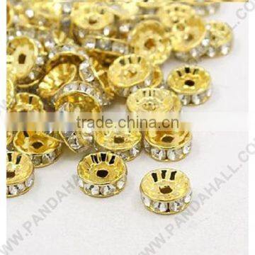 Clear Rhinestone Beads, Wave Edge, Flat Round, Golden, 7mm in diameter, 3.2mm thick(RSB037-B01G)