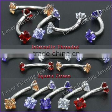 Internal Thread Square Zircon Stainless Steel Eyebrow Curved Barbells Body Piercing Rings [SS-E391]