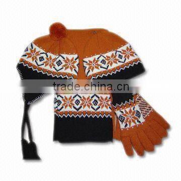 wholesale jacquard knitting pattern scarf hat and glove