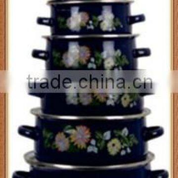 High Quality Black Colorful Decal Enamel Cookware Set Pot 6 Pcs Stock Belly Pot With Double Handle