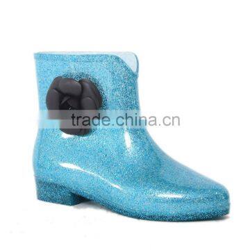 New fashion shiny garden ankle PVC rain boots with camellia decoration for women