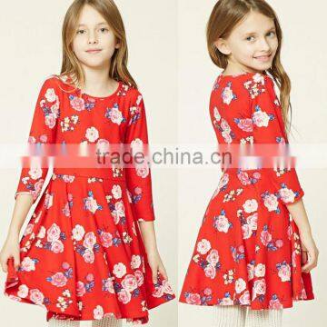 Girls One Piece Dress Wholesale Lovely Puffy Style Trendy 3/4 Sleeves Floral Print Swing Red Simple Design Dress For Girls