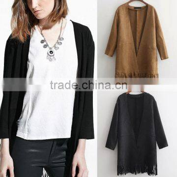 Trendy Faux Suede Tassels Fringe Cardigan Cape Drape Jacket Womens Coat Loose Outerwear Top