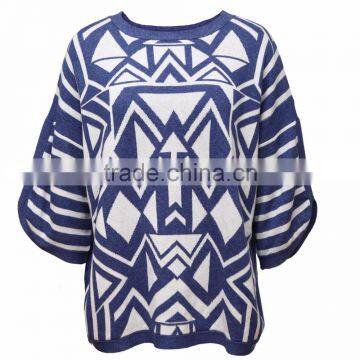 Women's o Neck Geometric Pattern Knitwear With Bell Sleeves