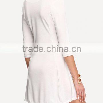 White Zipper A-Line Dress Plain Casual Polyester Fabric Spring V Neck Short Dress With 3/4 Sleeve
