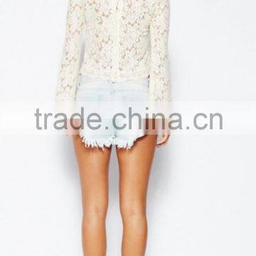 New Arrival Fashion Loose Through Look Floral Lace Lady Blouse photo-4