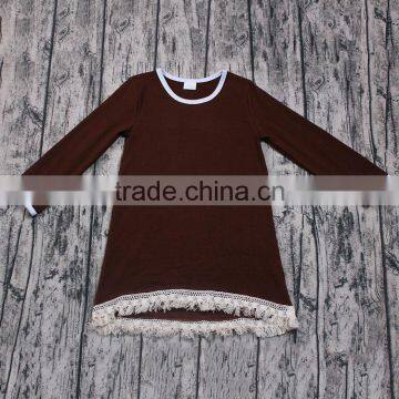 New design wholesale brown long sleeve t-shirt for girls autumn winter base tees with tassels casual wear kids boutique outfits