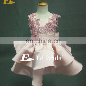 Lovely Pink Color Layers Skirt Bow Back Appliques Short Satin Patterns Real Sample Flower Girl Dress For Wedding