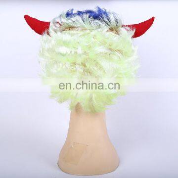 White and Blue Devil Fans Wig With Horns