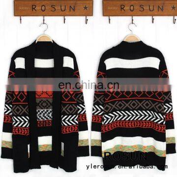 Factory Price Shawl Neck Long Geometric pattern cardigan western style sweater coat