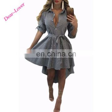 Sexy Autumn Black White Plaid Notched Fashion High-low Shirt Dresses