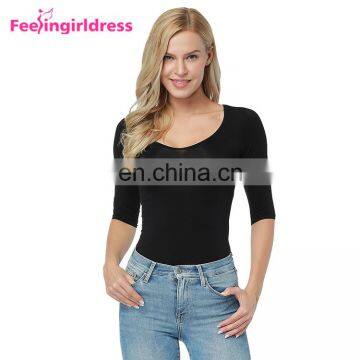 Fashion Black Womens 3/4 Sleeve Bamboo Blank Scoop Neck T Shirt For Women