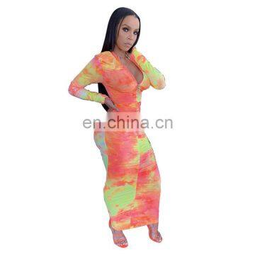 Autumn Women Tie Dye Print Long Sleeve Zipper Up Stacked Bodycon Midi Maxi Dress Streetwear Sexy Club Party Long Dresses photo-5