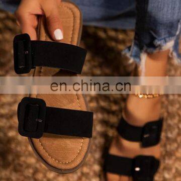 Women's Casual Slippers Flat Sandals Open Toe Beach Shoes Summer Outdoor Slippers Belt Buckle Solid Color Flip Flops