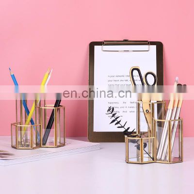 Pen Holder House Table Hexagon Fancy Gold Pencil Basket Makeup Brush Desk Organizer Holder Office Metal Glass Acrylic Pen Stand