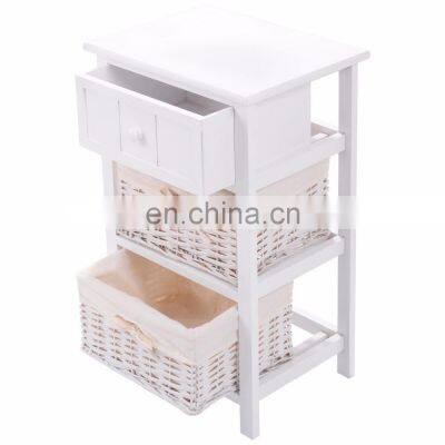 White Wood Night Stand Storage Drawer 3 layers 2 Baskets modern Bedside table