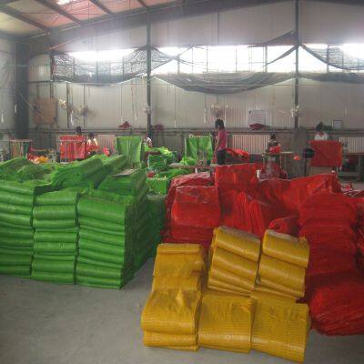 Aufgebot von Zwiebeln in leuchtend roter Verpackung, röhrenförmige Plastik-PP-Netzkartoffeltaschen photo-6