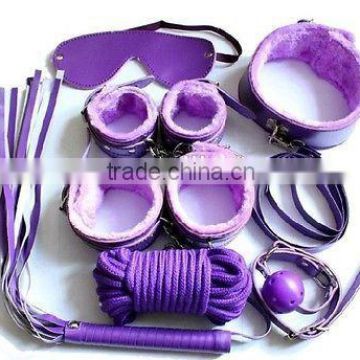 hot sales sex BONDAGE KIT SET 7Pcs collar whip ball handcuffs rope mask Fur Purple sex toy HK072