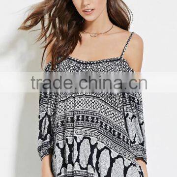 Open-Shoulder Striped Brocade Print Ruffle Design Off Shoulder Top