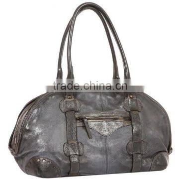 MD6035 Retro style light grey long handle handbag zipper open real leather handbag