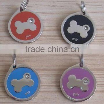 dog bone id tag with rhinestone, dog tag with jump ring pet tag