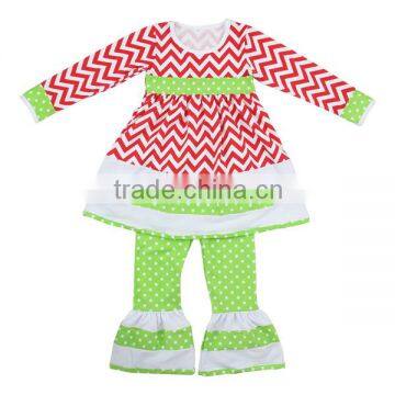 Boutique outfits baby clothes factory Christmas clothes long sleeve chevron dress & ruffle pants set fall toddler set