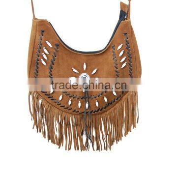 Brown Western Style Real Suede Leather Beaded Ladies Shoulder Hand Made