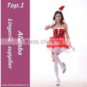 Hot selling Polyester fashionable lace skirt cheap santa dresses with small hat headwear