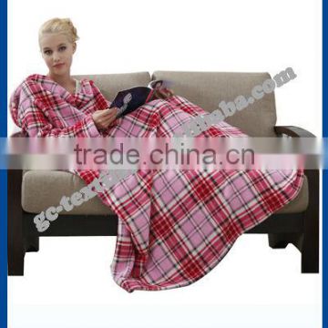 pink checkers/plaid/tartan printed folded edge women/lady fleece TV snuggie blanket