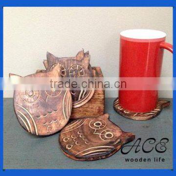 High Quality Wooden Owl Shape Coaster Set with Holder Wooden Travit Set Custom Animal Shape Plant Shape Coaster CNC Cup Mat