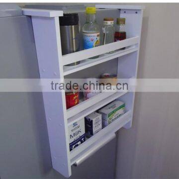 Wooden Storage Shelf Beside Fridge White Kitchen Assemble Shelf