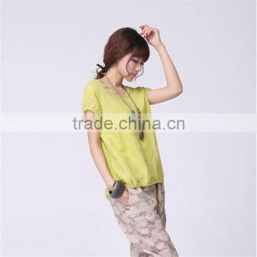 2015 Summer Round Neck Short Sleeve Linen Casual Women T-shirt