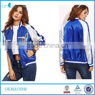 Women Jacket Blue Color Long Sleeve Embroidery Bomber Jacket Outwear