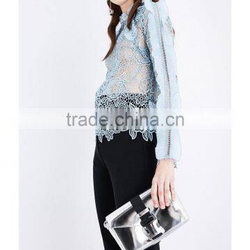 Wholesale High Neck Long Raglan Sleeves Floral Lace Frill-detailed Cutout Lace Top(DQE0188T)