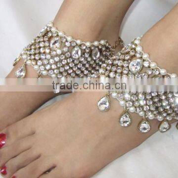 PEARL CRYSTAL payal ANKLETS pair feet bracelet Gold plated