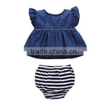 S33497W Children Summer Girls Clothing Set Demin Dress and Striped Shorts Clothing Sets photo-2