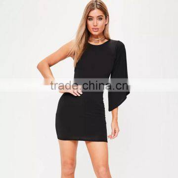 Round Neck One Shoulder Bat Sleeve Pink Women Short Bodycon Dress photo-6