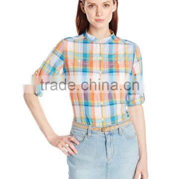 Chest Pockets Checked Slightly Fitted Mini Stand Collar 100 Cotton Blouse/shirt photo-1