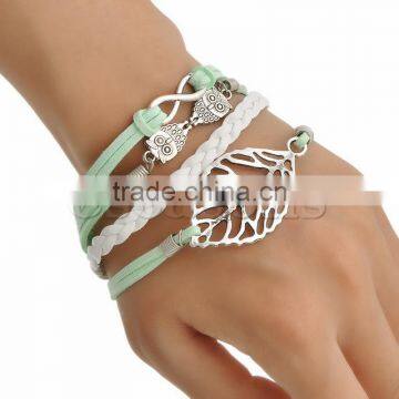 Top Quality Wax Rope Braiding Bracelets Green & White Antique Silver Leaf & Halloween Owl Infinity Symbol 17.5cm,1Piece