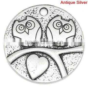 Charm Pendants Round Antique Silver Heart Owl Carved Halloween Ornaments 25mm Dia