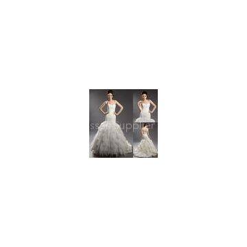 Mermaid Tulle Beaded Flower One Shoulder Womens Wedding Dresses with Cascading Ruffles