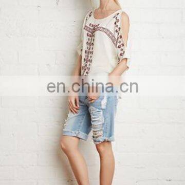 2016 Sexy Women Short Sleeve Embroidered White Shirts photo-5