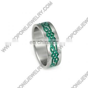 Wholesale simple special engraved ring for men and women with green enamel high polished celtic titanium ring